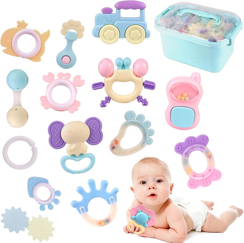 Beauenty 14 Pcs Baby Teether Toy Rattle Set with Storage Box - BPA Free Soft Silicone Teething Toys for 10+ Months - Image 1